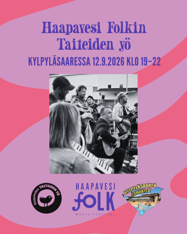 Tapahtuman juliste, jossa muusikoita jamittelemassa Haapavesi Folk Music Festivalilla.