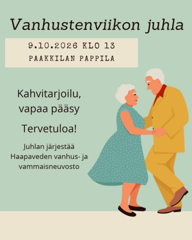Kaksi ikäihmistä tanssii, tekstiä